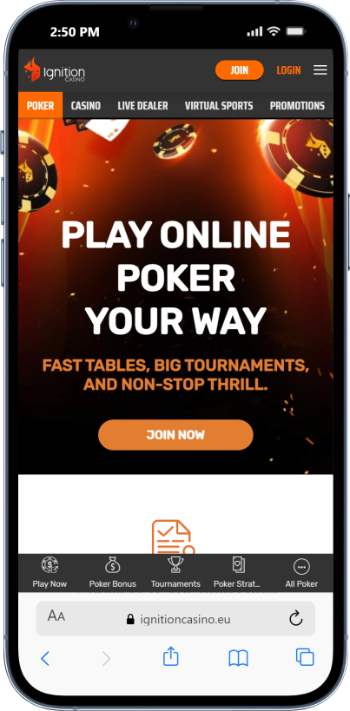 Ignition - top crypto poker site - poker lobby on mobile